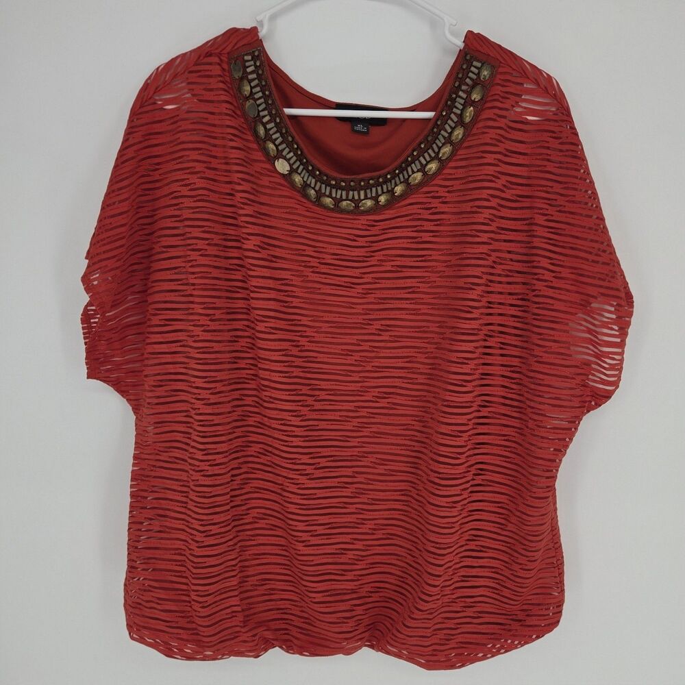 AGB Burnt Orange Womens Sheer Textured Burnout Blouse Embellished Neckline XL